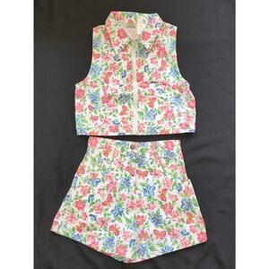 Vintage White Floral Butterfly Denim Zip Vest Top + Shorts Set Festival Small